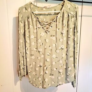 Pink Republic Floral Lace-Up Blouse - Light Green Size Large Very Good Condition